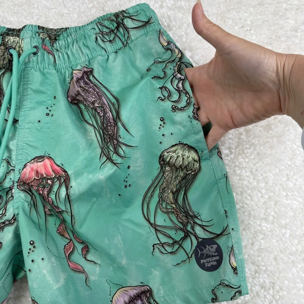 Psycho Tuna Swim Trunks Mens Med Green Jellyfish Print Board Shorts Drawstring